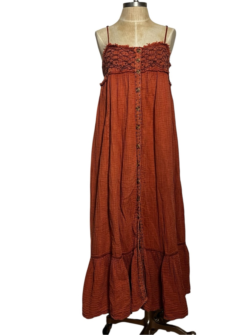 Free People Linda Jo Midi Dress Gauze Embroidered Button Front Rust L - Picture 5 of 15